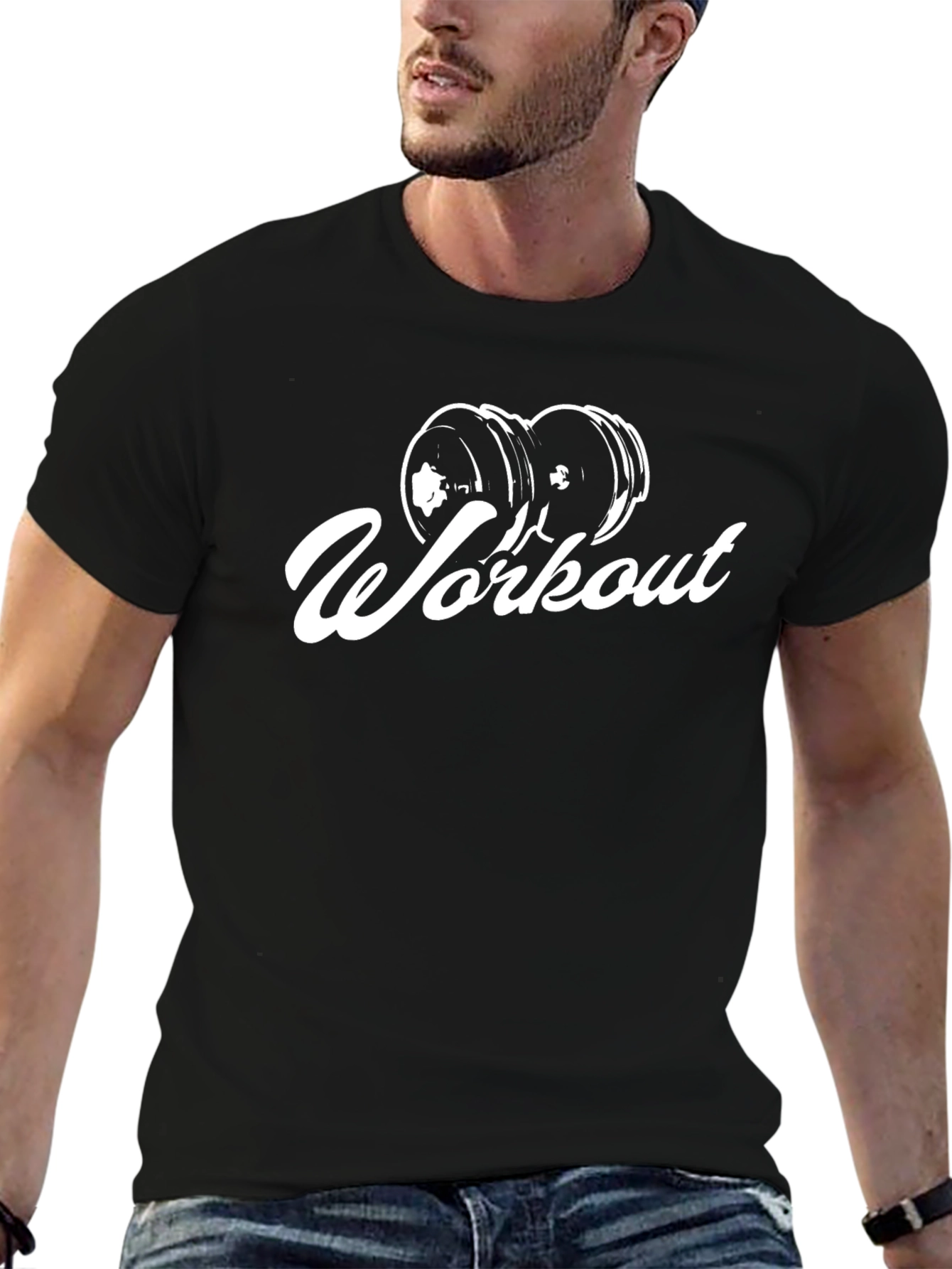 Workout Black T-Shirt with Dumbbell Graphic