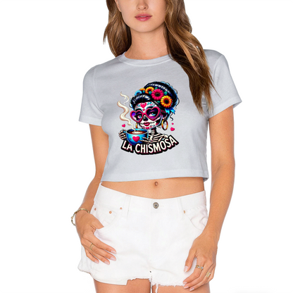 La Chismosa Sugar Skull Lady Drinking Coffee Fall Crop Top