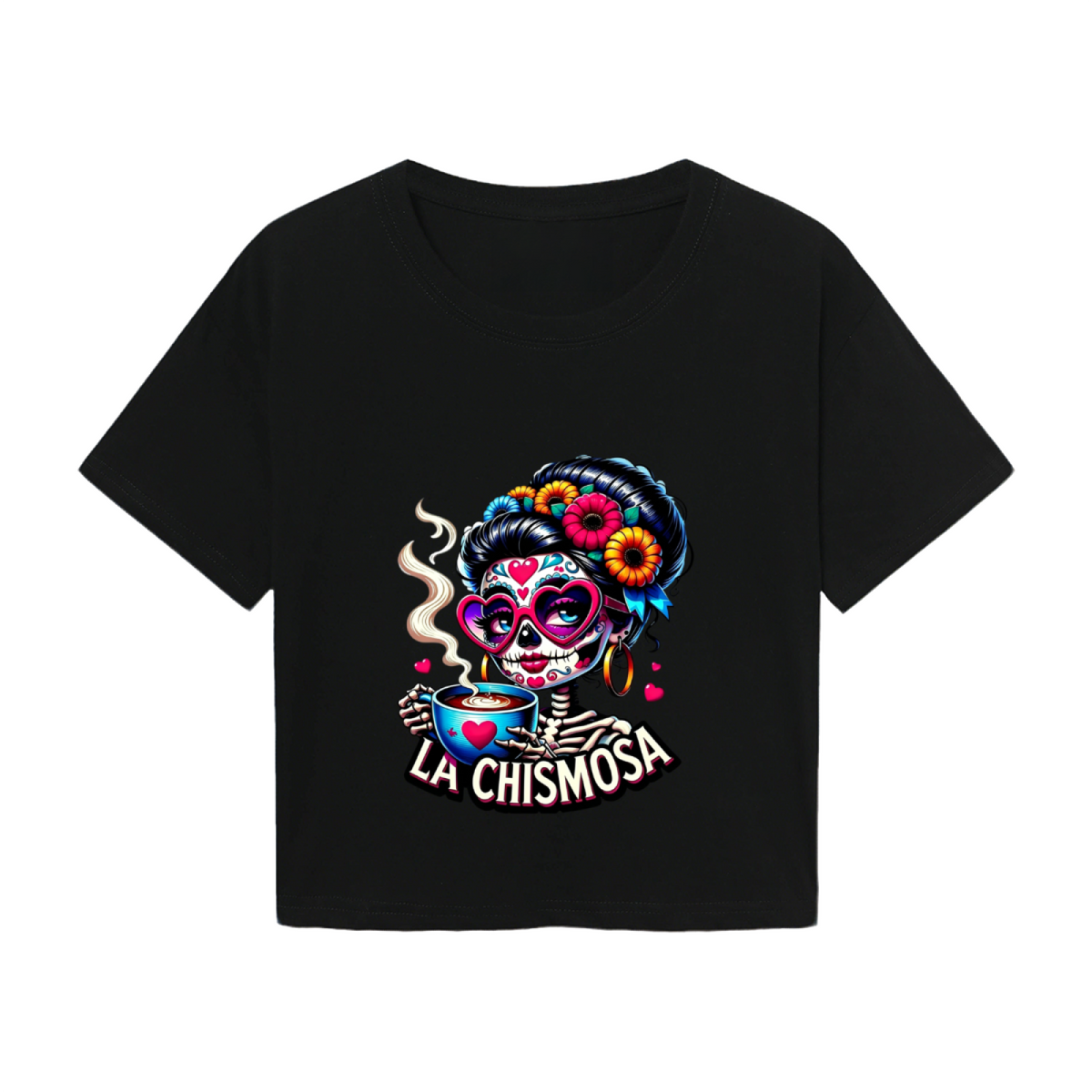 La Chismosa Sugar Skull Lady Drinking Coffee Fall Crop Top