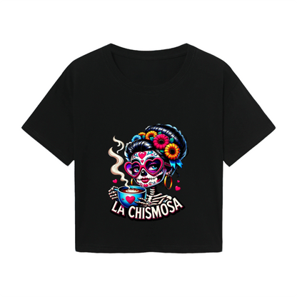 La Chismosa Sugar Skull Lady Drinking Coffee Fall Crop Top