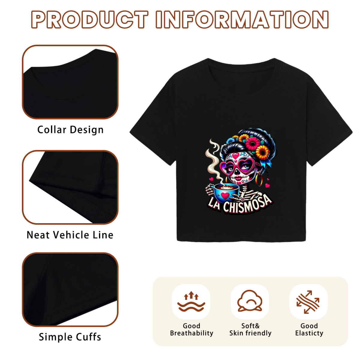 La Chismosa Sugar Skull Lady Drinking Coffee Fall Crop Top