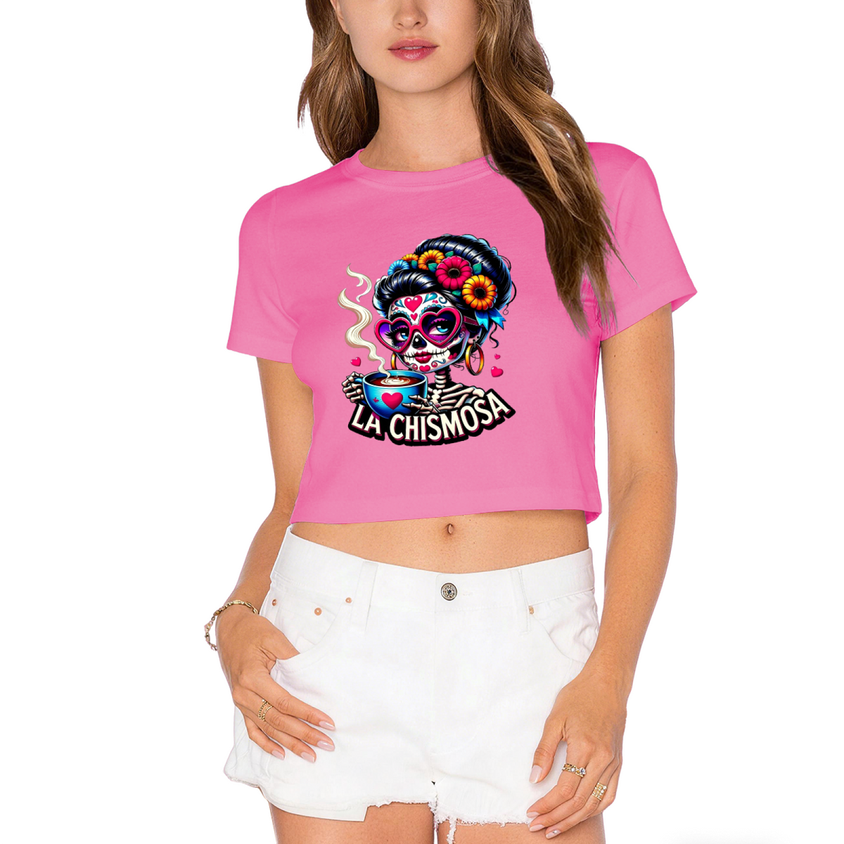 La Chismosa Sugar Skull Lady Drinking Coffee Fall Crop Top
