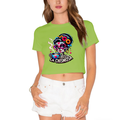 La Chismosa Sugar Skull Lady Drinking Coffee Fall Crop Top