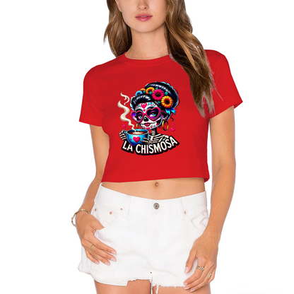La Chismosa Sugar Skull Lady Drinking Coffee Fall Crop Top