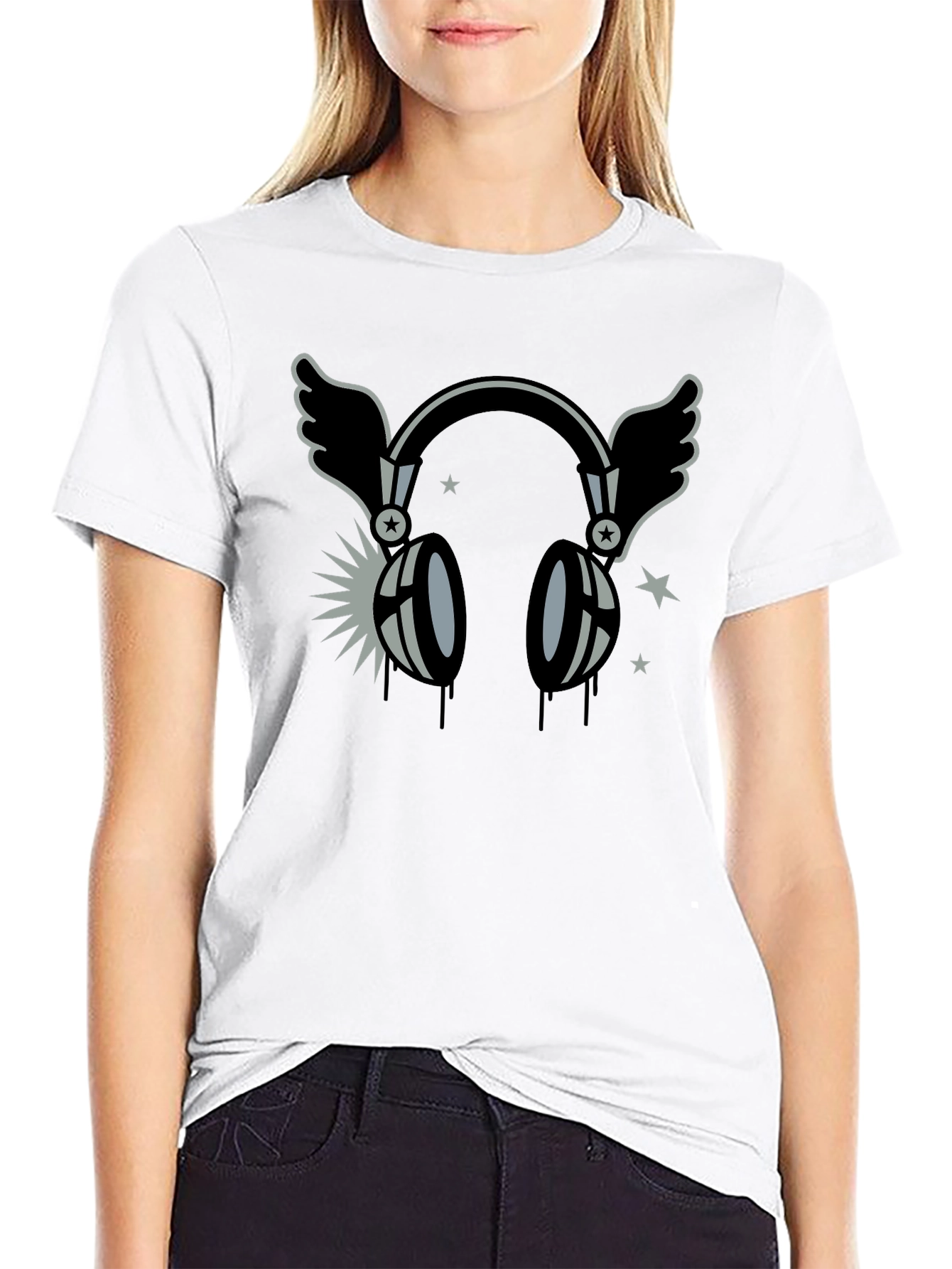 Winged Headphones Graphic T-Shirt - Black