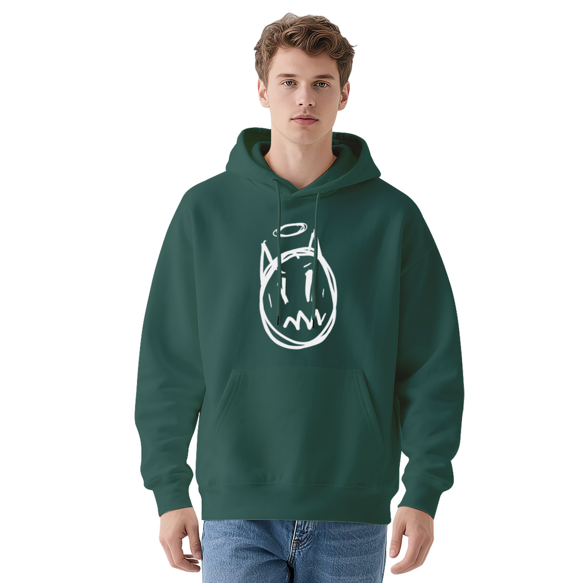 Devil Horns Angel Halo Doodle Face Green Hoodie