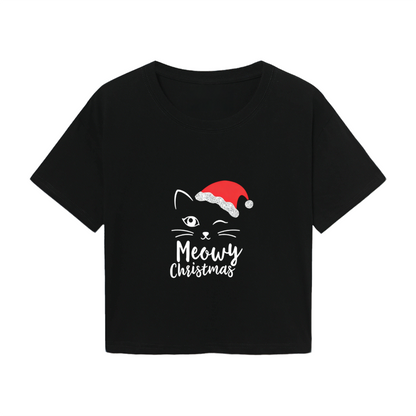 Meowy Christmas Cute Santa Black Cat X?mas Crop Top