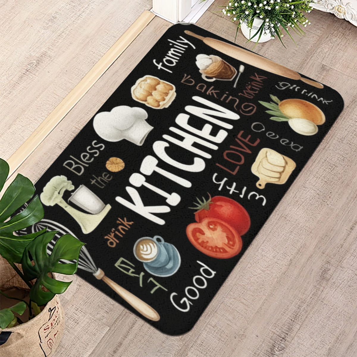 Hand Drawn Kitchen Elements£üHand Drawn KITCHEN Theme Diatomite Mat, Oil?Resistant Absorbent Non?Slip Kitchen Entry Floor Rug