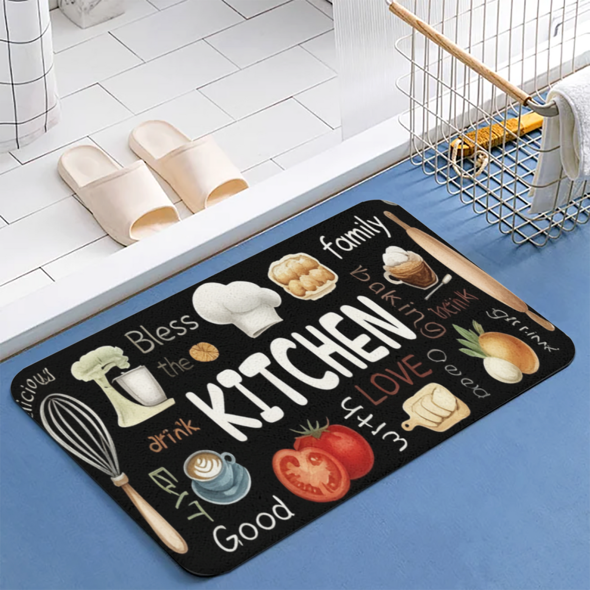 Hand Drawn Kitchen Elements£üHand Drawn KITCHEN Theme Diatomite Mat, Oil?Resistant Absorbent Non?Slip Kitchen Entry Floor Rug