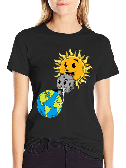 Cartoon Earth Moon & Sun Black Graphic Tee