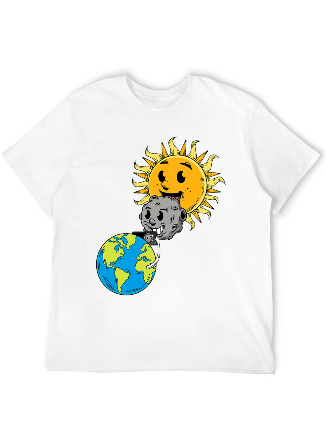 Cartoon Earth Moon & Sun Black Graphic Tee