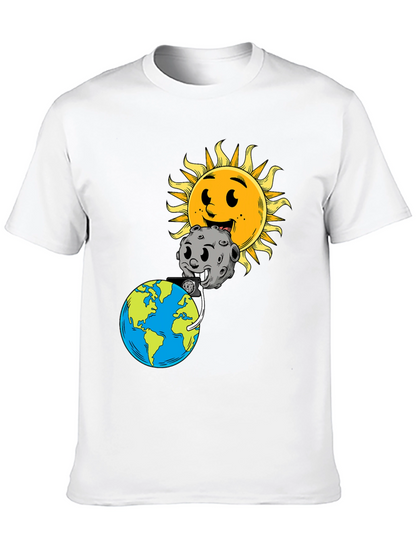 Cartoon Earth Moon & Sun Black Graphic Tee
