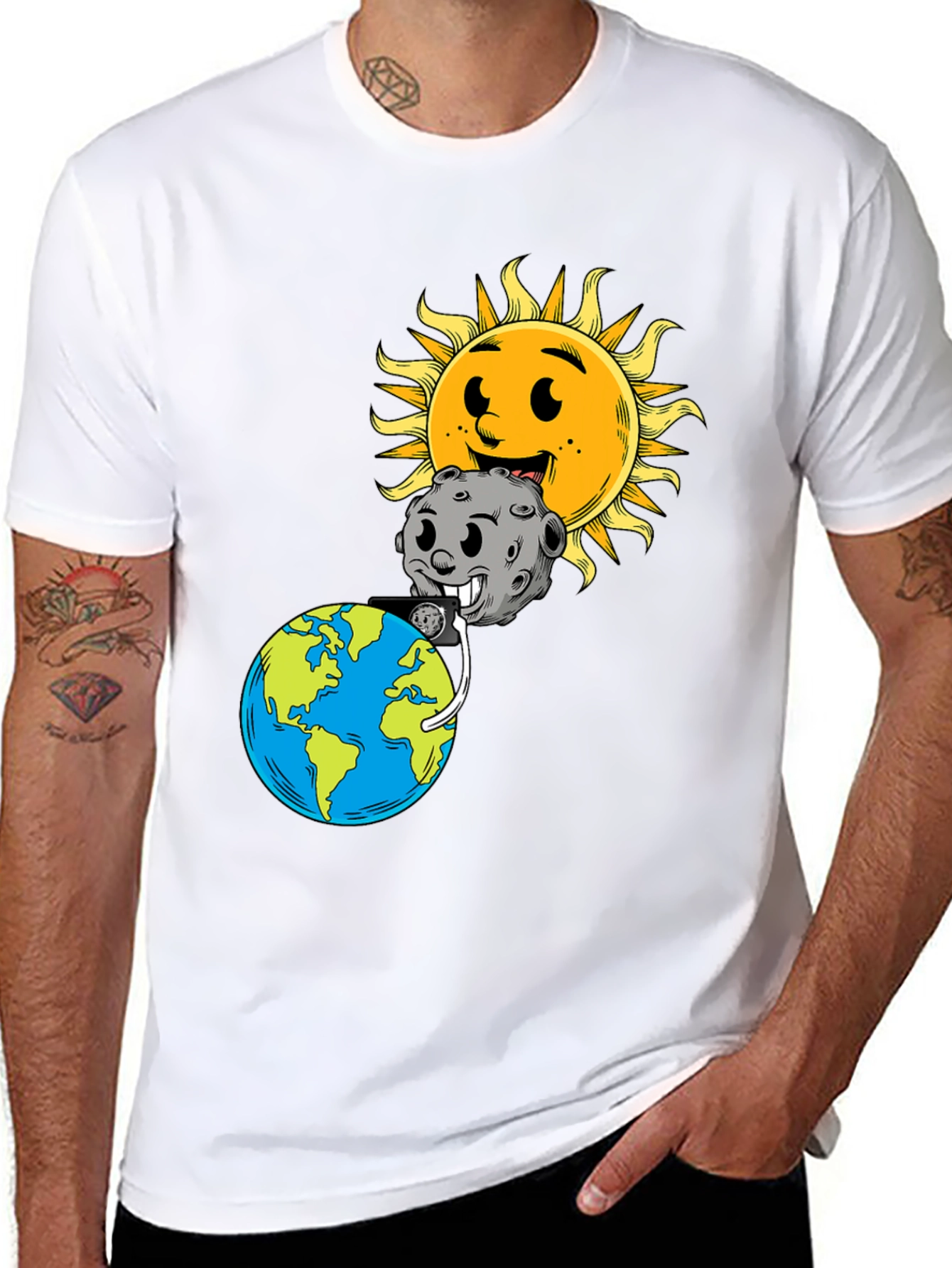 Cartoon Earth Moon & Sun Black Graphic Tee