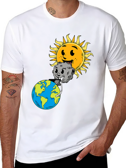 Cartoon Earth Moon & Sun Black Graphic Tee