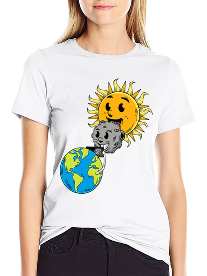 Cartoon Earth Moon & Sun Black Graphic Tee