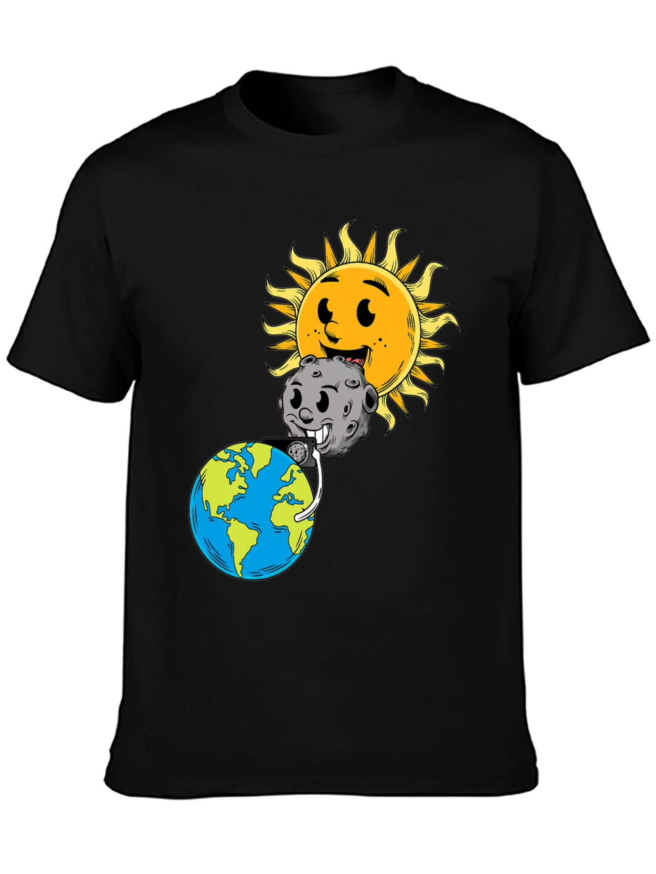 Cartoon Earth Moon & Sun Black Graphic Tee
