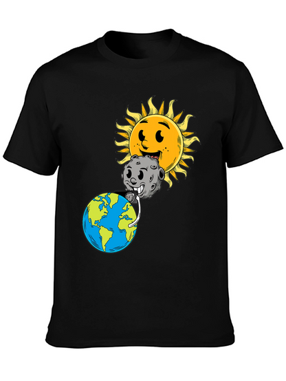 Cartoon Earth Moon & Sun Black Graphic Tee