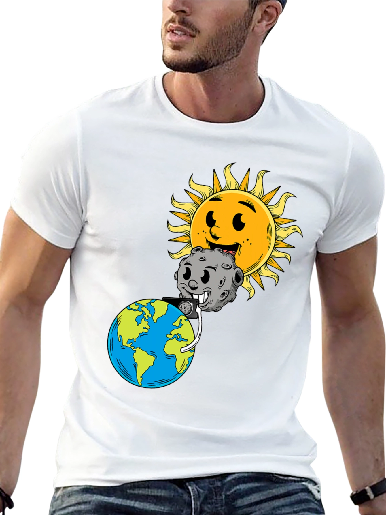 Cartoon Earth Moon & Sun Black Graphic Tee