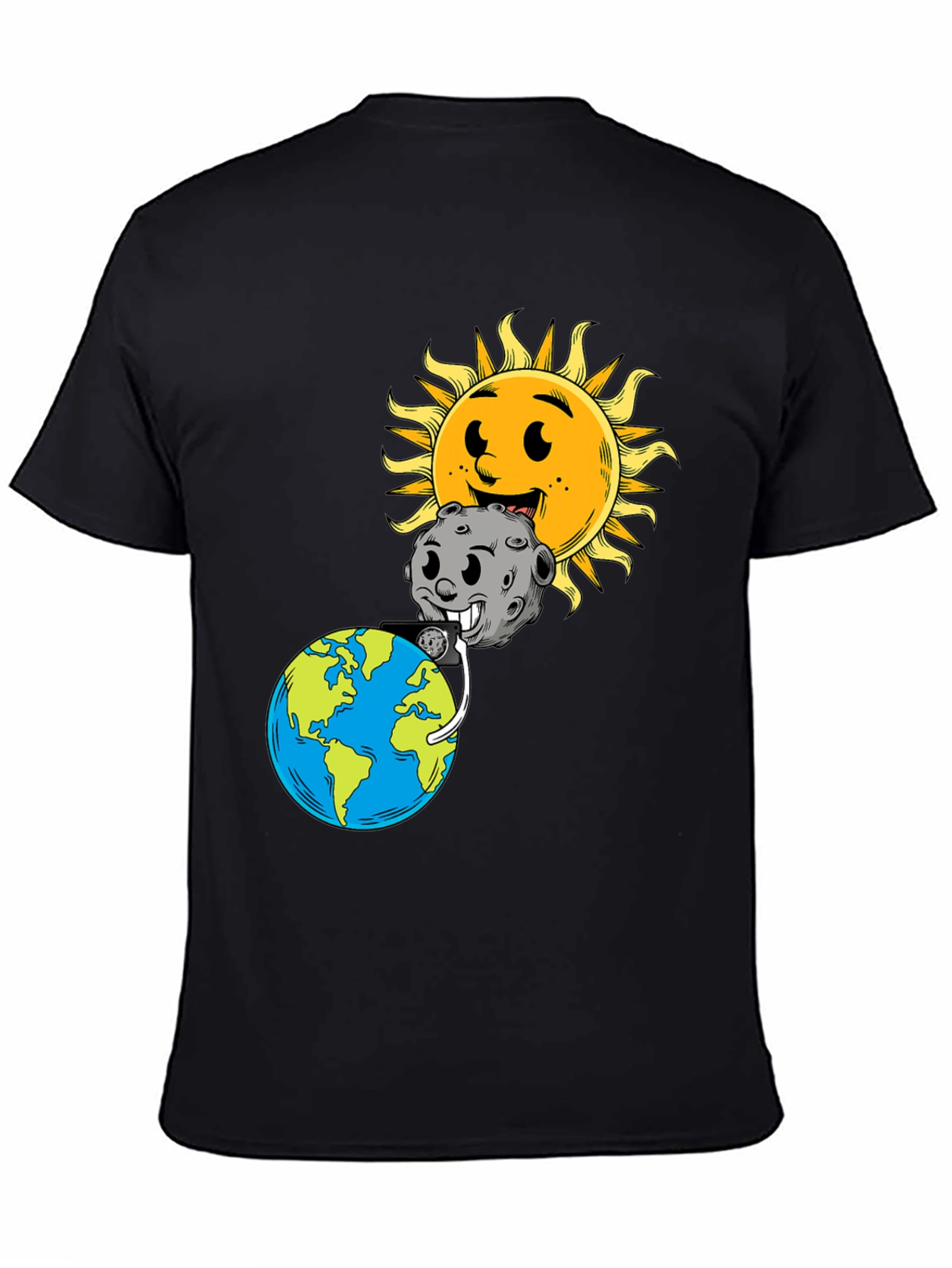 Cartoon Earth Moon & Sun Black Graphic Tee