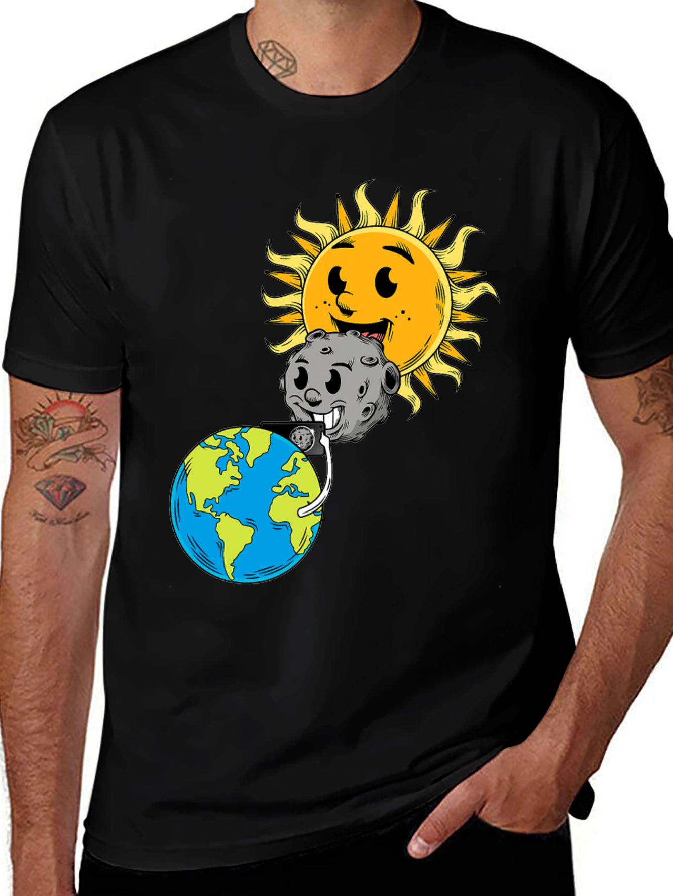 Cartoon Earth Moon & Sun Black Graphic Tee