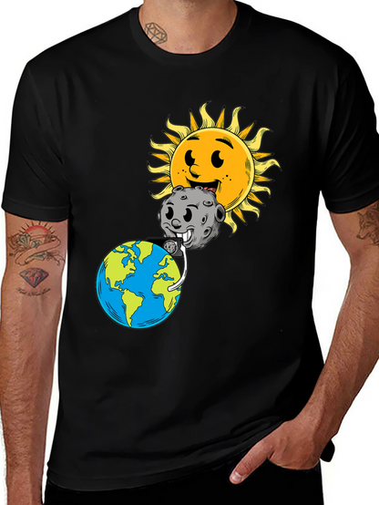 Cartoon Earth Moon & Sun Black Graphic Tee
