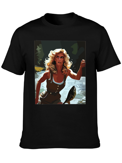 Fishing Woman Graphic Tee - Black Casual Shirt