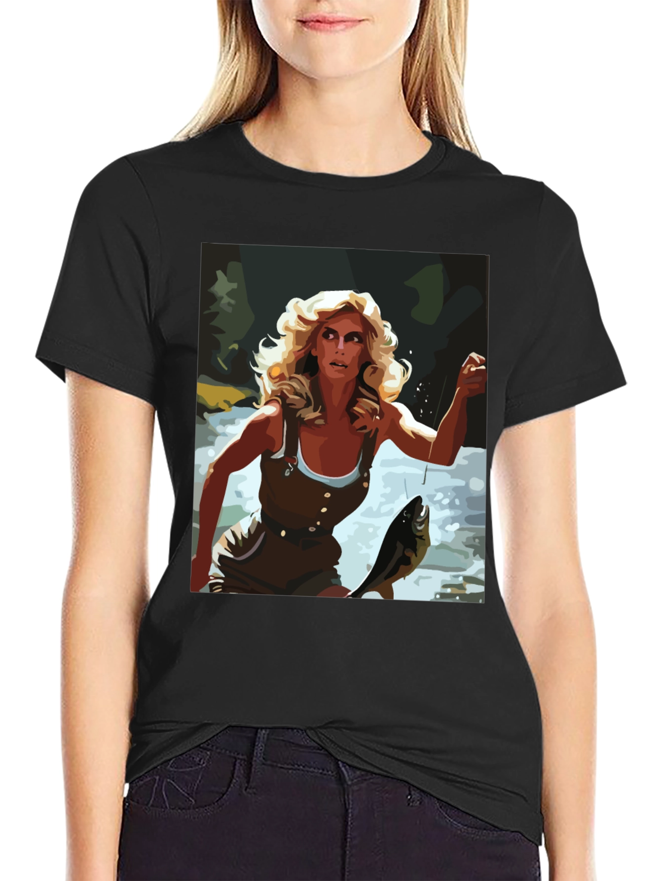 Fishing Woman Graphic Tee - Black Casual Shirt