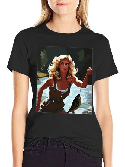 Fishing Woman Graphic Tee - Black Casual Shirt