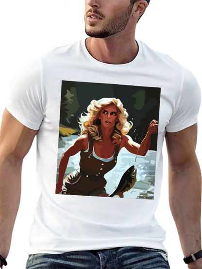 Fishing Woman Graphic Tee - Black Casual Shirt