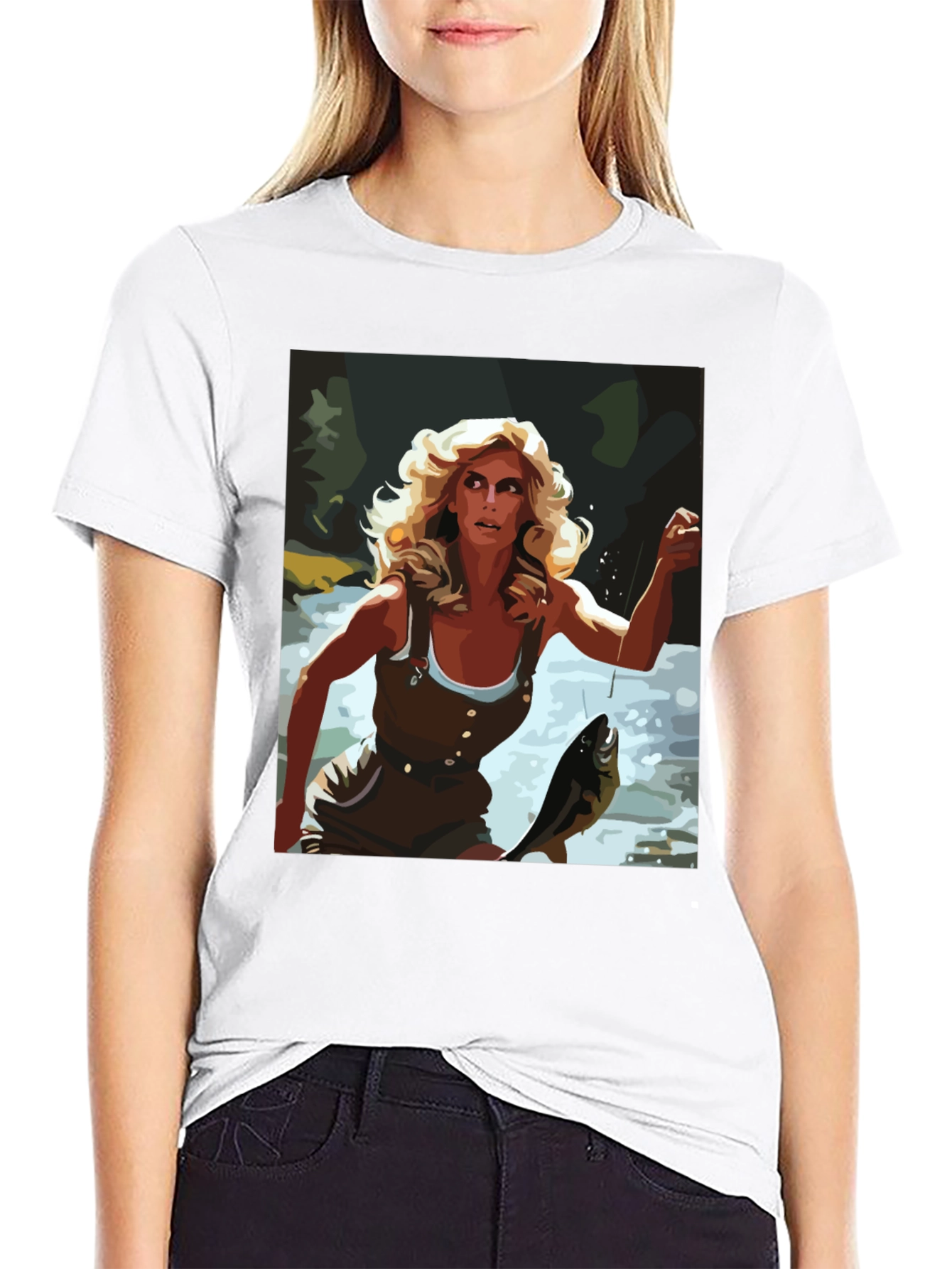 Fishing Woman Graphic Tee - Black Casual Shirt