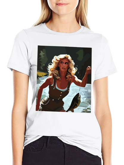 Fishing Woman Graphic Tee - Black Casual Shirt