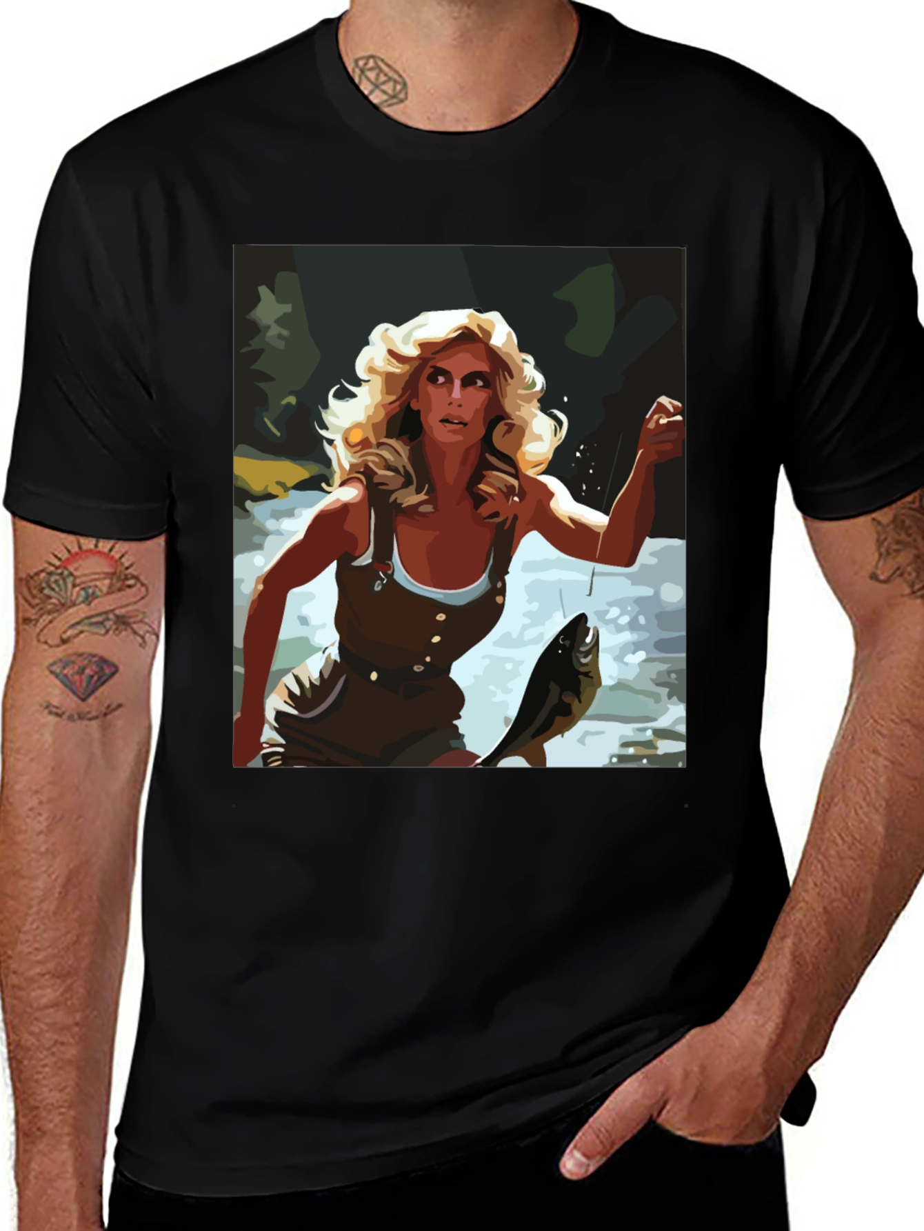 Fishing Woman Graphic Tee - Black Casual Shirt