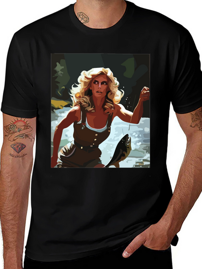 Fishing Woman Graphic Tee - Black Casual Shirt
