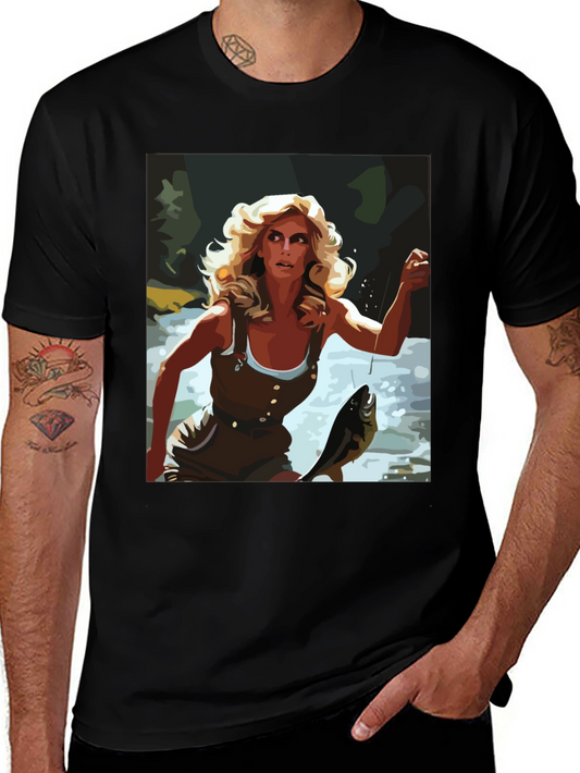 Fishing Woman Graphic Tee - Black Casual Shirt