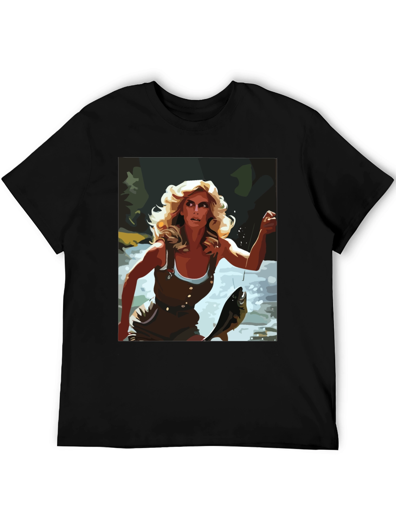 Fishing Woman Graphic Tee - Black Casual Shirt