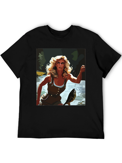Fishing Woman Graphic Tee - Black Casual Shirt