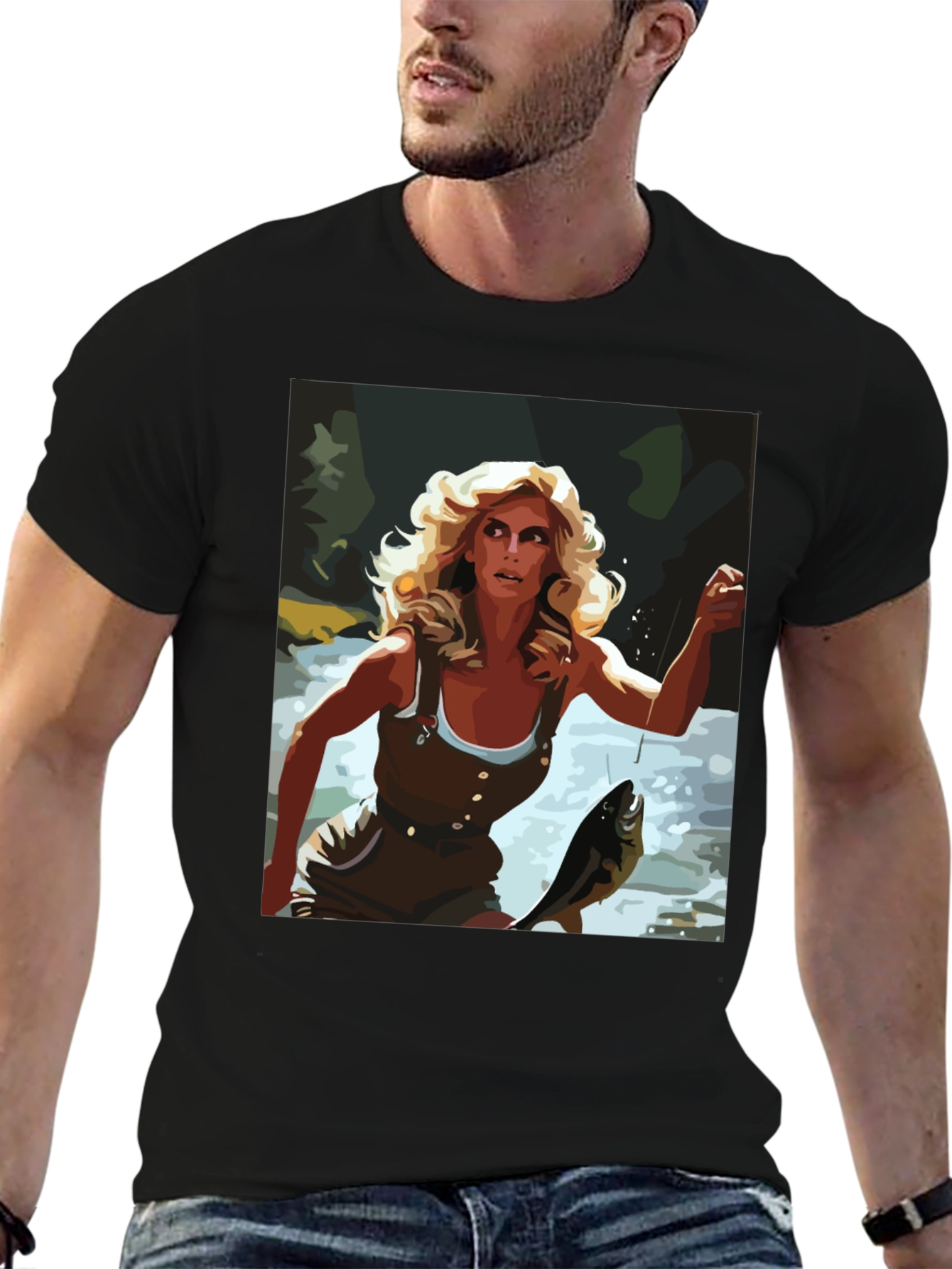 Fishing Woman Graphic Tee - Black Casual Shirt