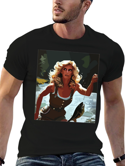 Fishing Woman Graphic Tee - Black Casual Shirt