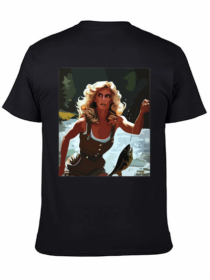 Fishing Woman Graphic Tee - Black Casual Shirt