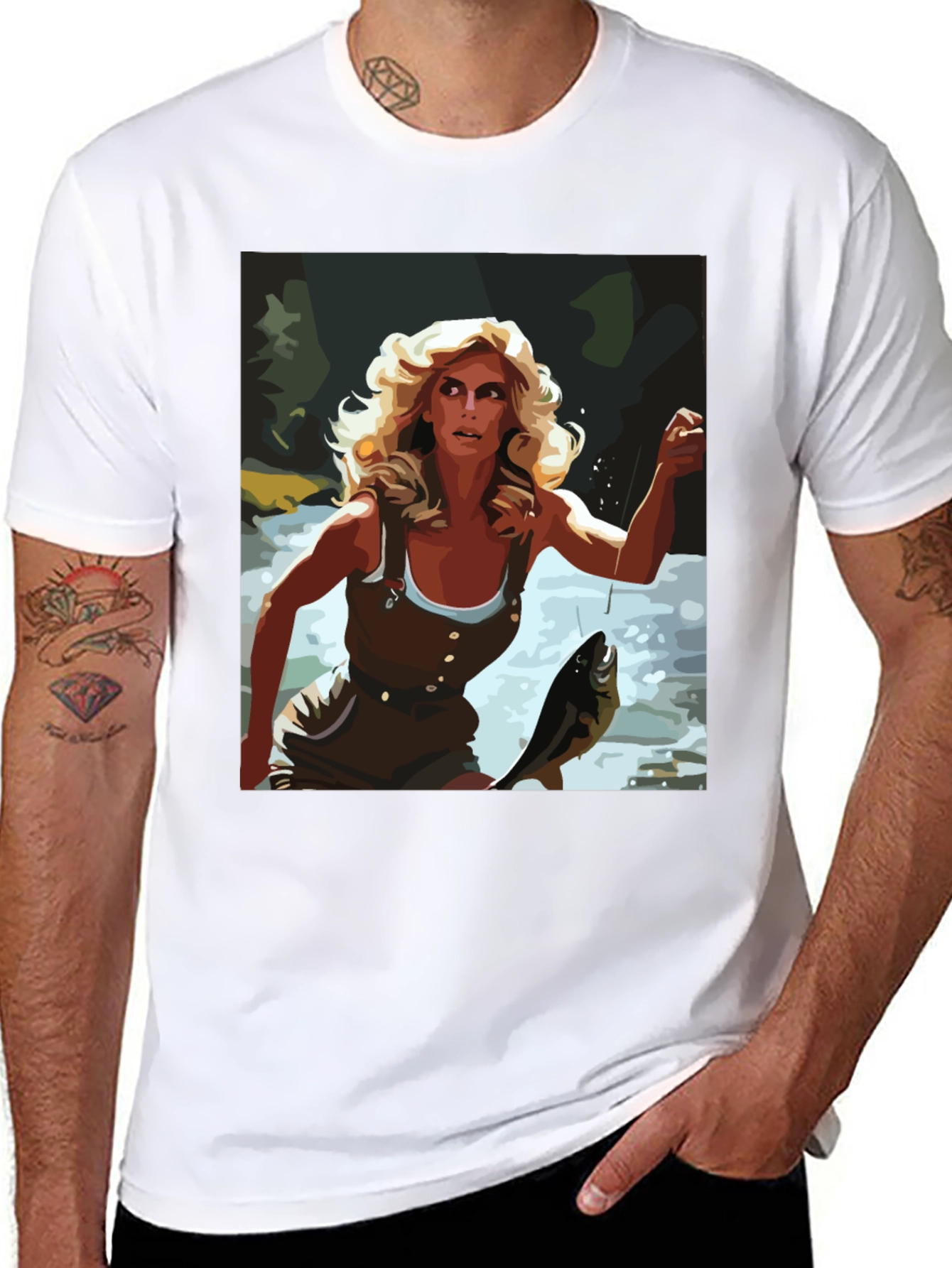 Fishing Woman Graphic Tee - Black Casual Shirt