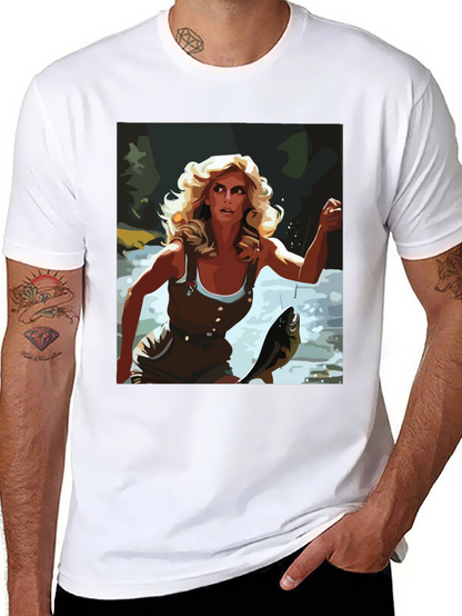 Fishing Woman Graphic Tee - Black Casual Shirt