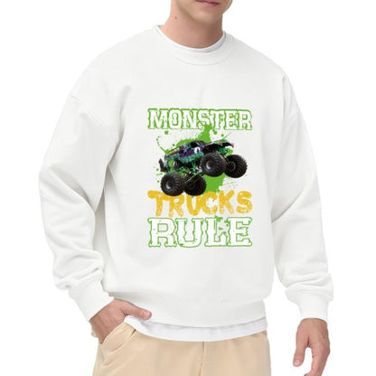 Crewneck Sweatshirt "Monster Trucks Rule" Graphic - Oversized Casual Long-Sleeve Pullover, Bold Extreme Vehicle Statement Top for Men