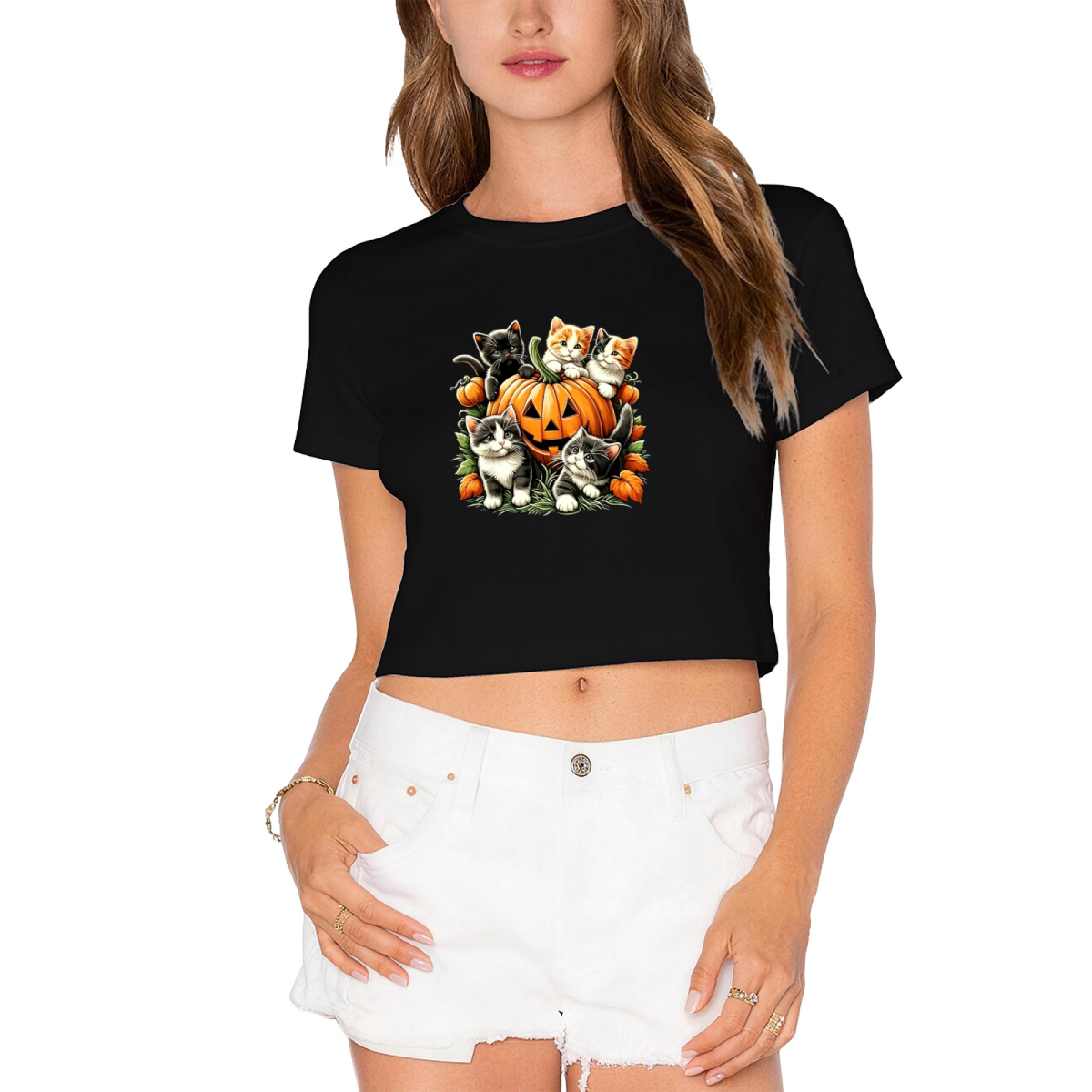 Adorable Kittens Surrounding Pumpkin Fall Halloween Cute Crop Top