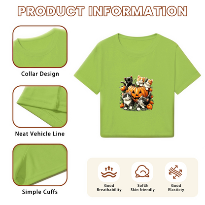 Adorable Kittens Surrounding Pumpkin Fall Halloween Cute Crop Top