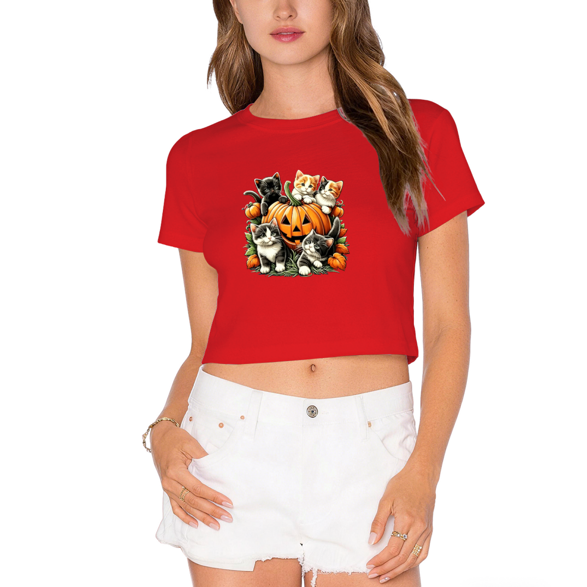 Adorable Kittens Surrounding Pumpkin Fall Halloween Cute Crop Top