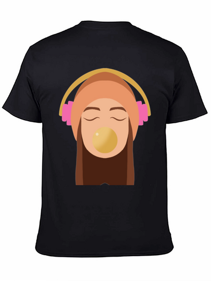 Trendy Black Tee with Headphone Girl Graphic
