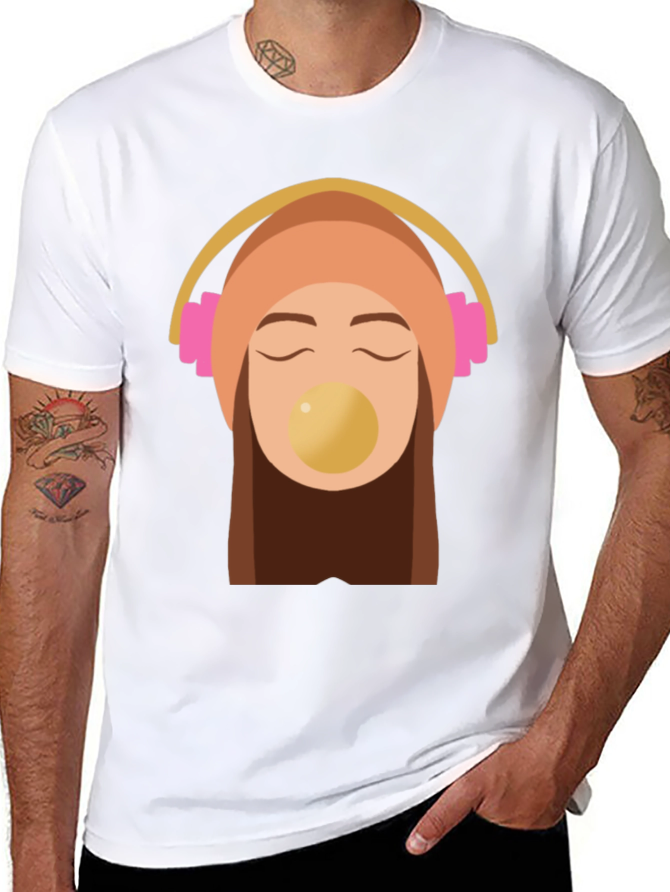 Trendy Black Tee with Headphone Girl Graphic