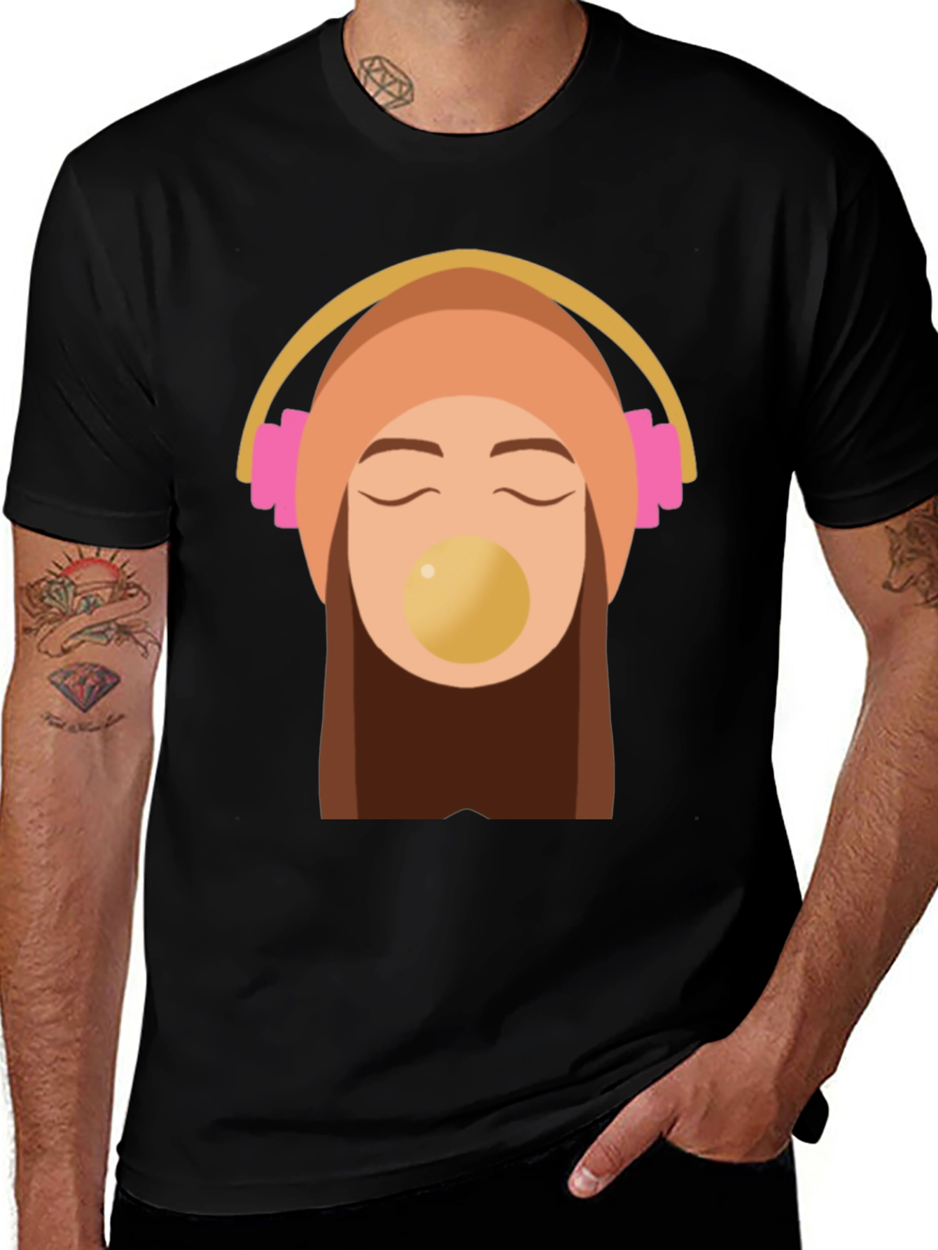 Trendy Black Tee with Headphone Girl Graphic