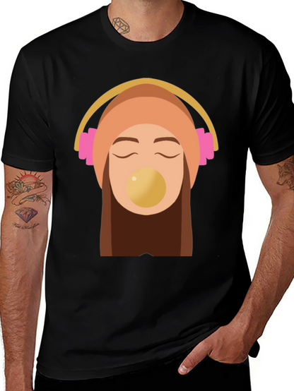 Trendy Black Tee with Headphone Girl Graphic