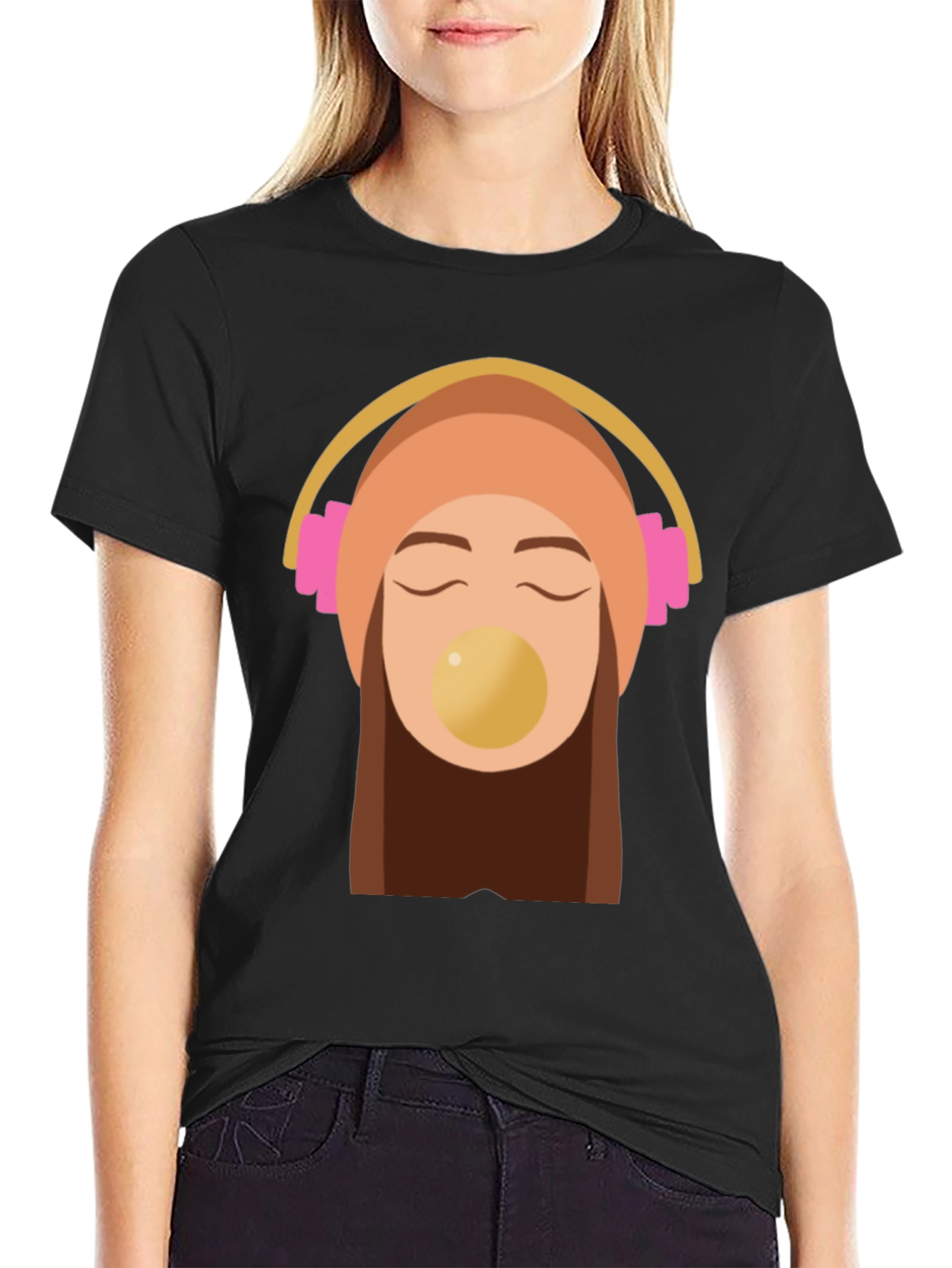 Trendy Black Tee with Headphone Girl Graphic